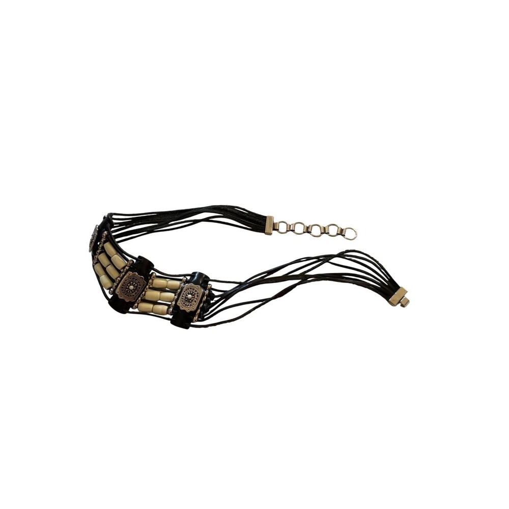 Womens Western Black Leather Multi Strand Beaded Belt Silver Filigree Boho 32in